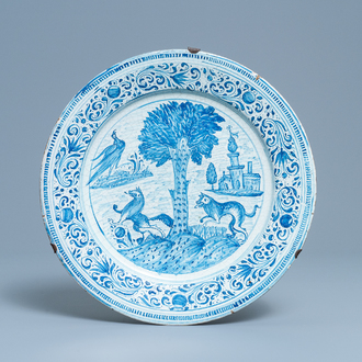 A blue and white dish with animals around a tree, Laterza, Italy, 18th C.