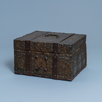 A brass and iron-mounted wooden casket, Germany, 17/18th C.