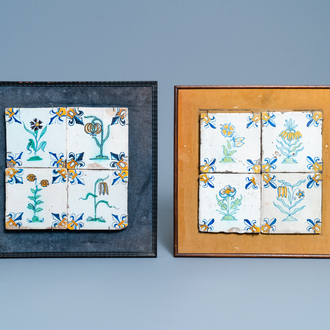 Eight polychrome Dutch Delft tiles with flowers and a butterfly, 1st half 17th C.
