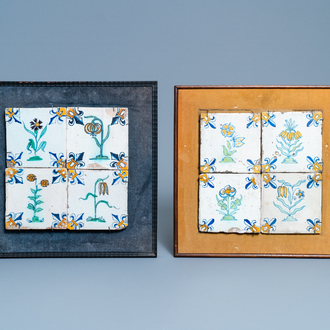 Huit carreaux en faïence de Delft polychrome à décor de fleurs et d'un papillon, 1ère moitié du 17ème