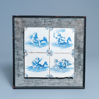 Quatre carreaux en faïence de Delft en bleu et blanc à décor de monstres marins, 17ème