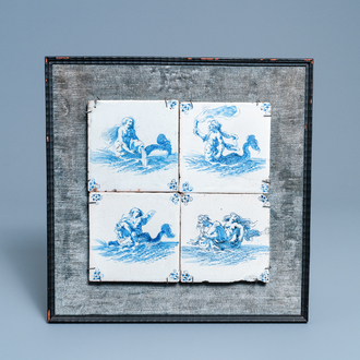 Four Dutch Delft blue and white tiles with sea creatures, 17th C.