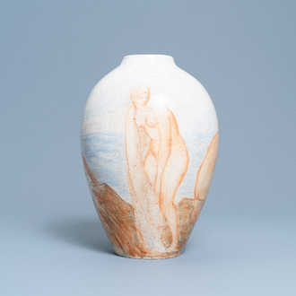 An art deco vase with bathing females, Félix-Pascal Févola for Lachenal, France, ca. 1930