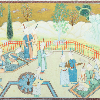 Ecole safavide, Iran, 19/20ème, huile et encre sur toile: 'Une vue d'une cérémonie à la cour'