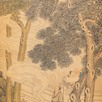 Chinese school, ink and colour on silk, 18/19th C.: 'Scholars and their servants'