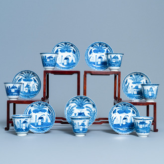 Seven Chinese blue and white cups and saucers, Kangxi