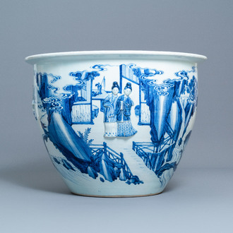 A rare large Chinese blue and white relief-moulded jardinière, Kangxi