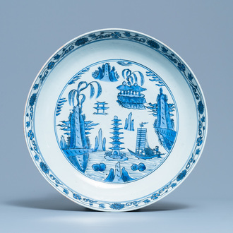 A large Chinese blue and white dish with a landscape with pagoda, Jiajing
