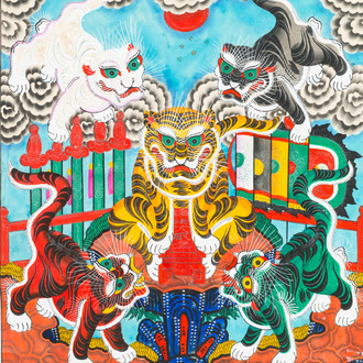 Vietnamese school, ink and colour on paper, 19/20th C.: 'A pair of works with five tigers'