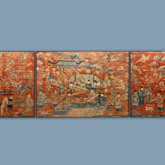 Three Chinese embroidered silk panels depicting an imperial audience, 19th C.