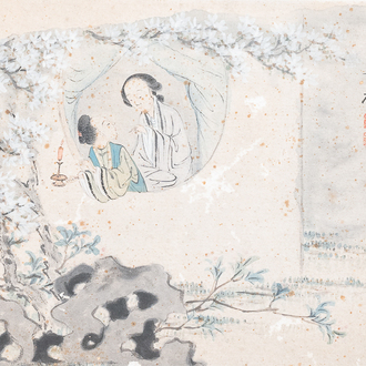 Ecole chinoise, encre et couleurs sur papier, Qianlong: 'Deux figures auprès d'une fenêtre'