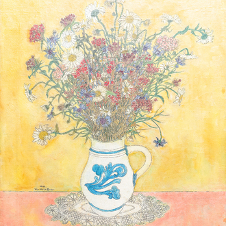 Kho Kiem Bing (Vietnam, 1917-), ink and oil on canvas: A still life of flowers in a Westerwald jug, dated 1944