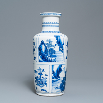 A Chinese blue and white 'antiquities and landscapes' rouleau vase, Kangxi