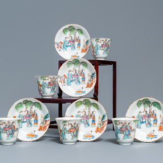 Five Chinese famille rose cups and saucers, Tongzhi mark and of the period