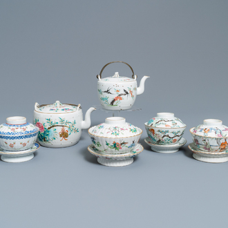 Two Chinese famille rose teapots and four covered bowls on stands, 19th C.