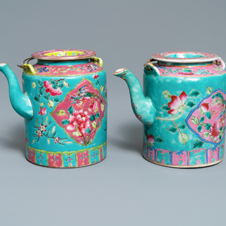 Two large Chinese turquoise-ground famille rose teapots for the Straits or Peranakan market, 19th C.