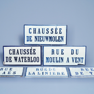 Six blue and white street name signs, Brussels porcelain, 19th C.