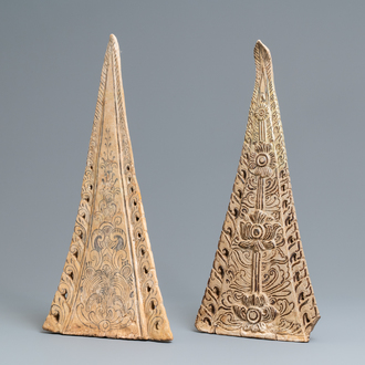 Two large triangular Thai Sawankhalok roof tile finials, 14/16th C.