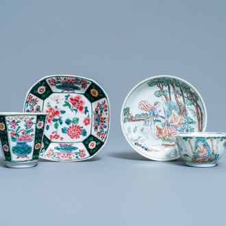 Deux tasses et soucoupes en porcelaine de Chine famille rose, Yongzheng/Qianlong