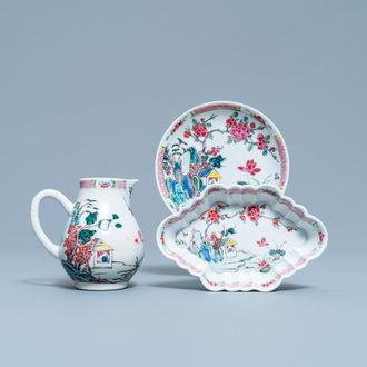 A Chinese famille rose 'mountainous landscape' jug, a pattipan and a saucer, Yongzheng