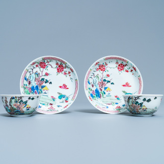 A pair of Chinese famille rose cups and saucers with landscape design, Yongzheng