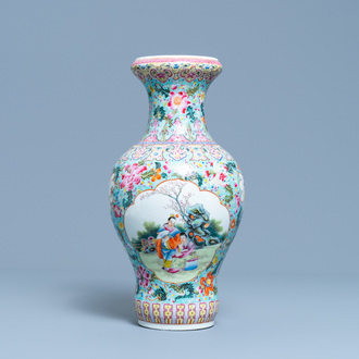 A Chinese famille rose vase with figures in a garden, Qianlong mark, Republic