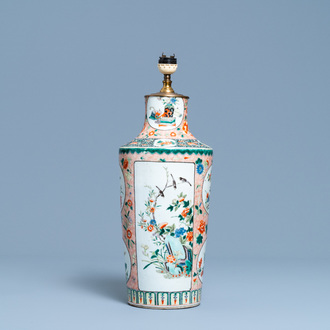 A Chinese lamp-mounted famille verte vase, 19th C.