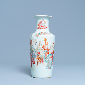 A Chinese famille rose 'luohan and mythical animals' vase, 19/20th C.