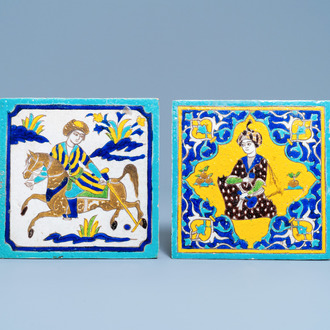 Two Qajar cuerda seca Safavid-style tiles, Iran, 19th C.
