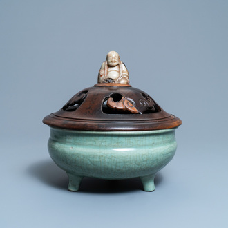 A Chinese Longquan celadon censer with wooden cover and soapstone Buddha finial, Ming