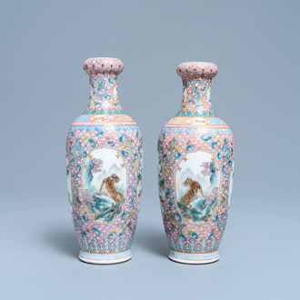 A pair of Chinese famille rose vases with tigers, Qianlong mark, 20th C.