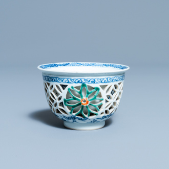 A rare Chinese famille verte reticulated double-walled cup, Kangxi