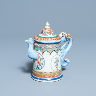 A rare Chinese famille rose 'Europeans' teapot and cover, Qianlong