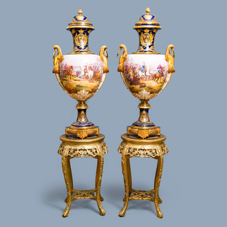 A pair of massive French Sèvres-style vases with gilt bronze mounts, signed Desprez, 19th C.