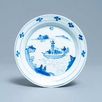 A Chinese blue and white plate with a junk, Wanli