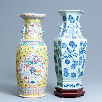 A Chinese hexagonal celadon-ground vase and a yellow-ground famille rose vase, 19th C.