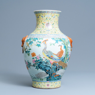 A large Chinese famille rose 'hu' vase with birds, Qianlong mark, Republic