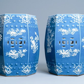 A pair of Chinese hexagonal blue-ground garden seats, 19th C.