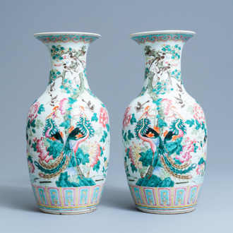 A pair of Chinese famille rose 'phoenix' vases, 19th C.