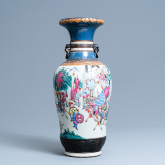 A Chinese Nanking famille rose crackle-glazed 'warrior' vase, 19th C.