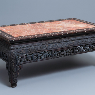 A Chinese mother-of-pearl-inlaid wooden low side table with marble top, 19th C.