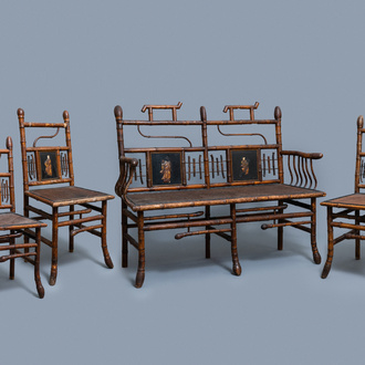 Three bamboo 'Japonism' chairs and a bench, probably Daï Nippon, Paris, late 19th C.