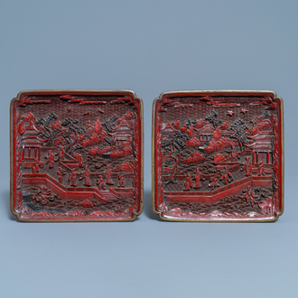 A pair of Chinese black and red cinnabar lacquer square dishes, Qianlong mark and of the period