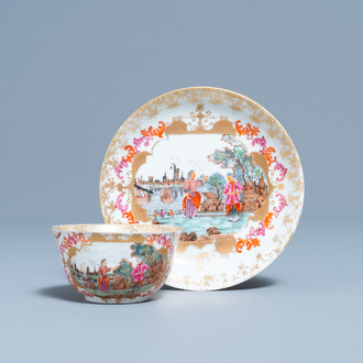 Een Chinese Meissen-stijl exportporseleinen kop en schotel met 'Peter de Grote', Qianlong