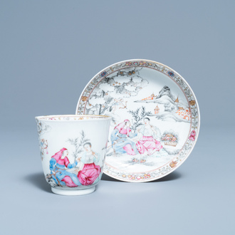 A Chinese famille rose 'romantic subject' cup and saucer, Yongzheng/Qianlong