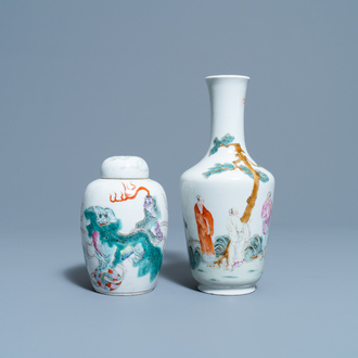 A Chinese famille rose vase and a covered jar with Buddhist lions, 19/20th C.