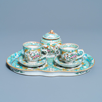 A Chinese famille rose 'tête-à-tête' tea service on tray, 19th C.