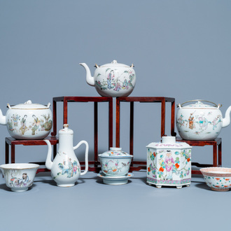 Four Chinese famille rose teapots, three bowls and a caddy, 19/20th C.