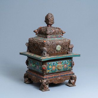 A large Chinese cloisonné censer with jade, coral and turquoise inlay, 19th C.