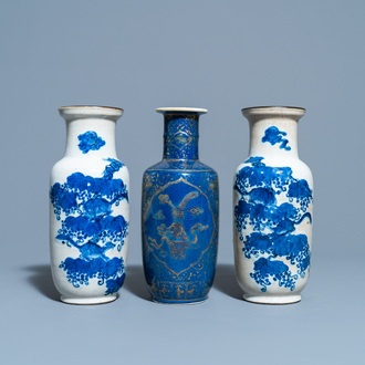 A pair of Chinese blue and white crackle-glazed rouleau vases and a gilt-decorated powder blue vase, 19th C.